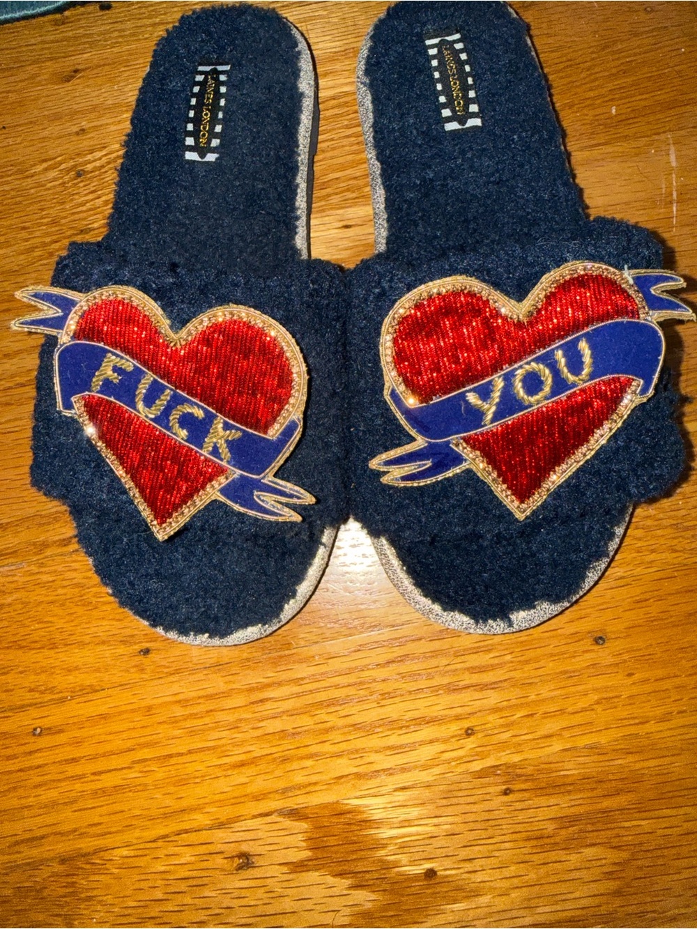 Wolf & Badger Embroidered Heart Slippers with Bold Banner Text